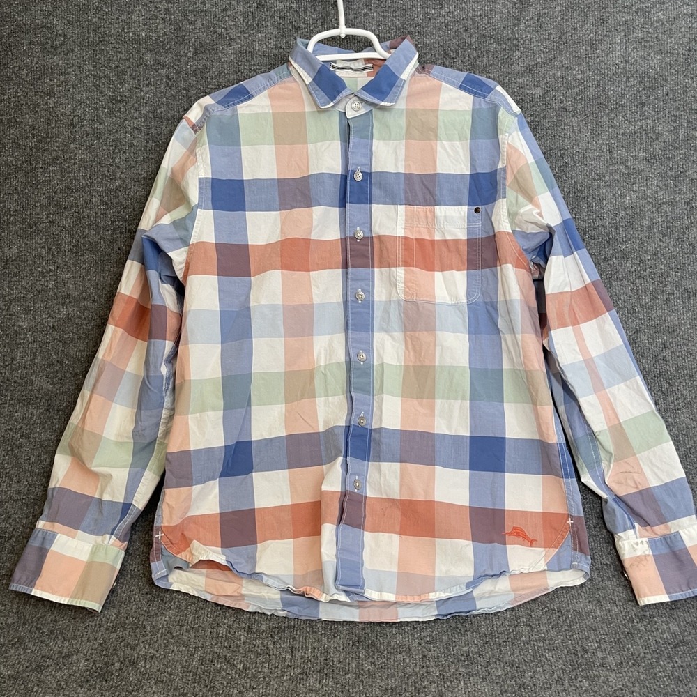 Tommy Bahama Plaid Cotton Shirt Mens Medium Long Sleeve Button Marlin Coral Blue